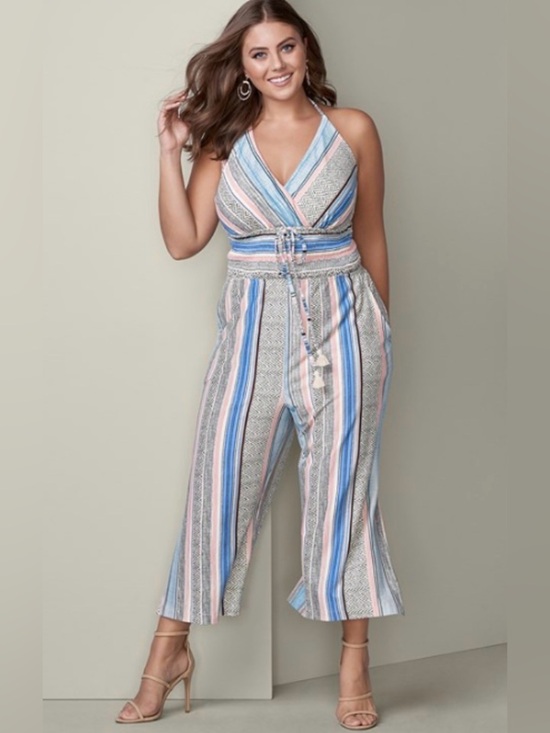 VENUS Pants - VENUS Multicolor Striped Halter Jumpsuit in Blue & Pink